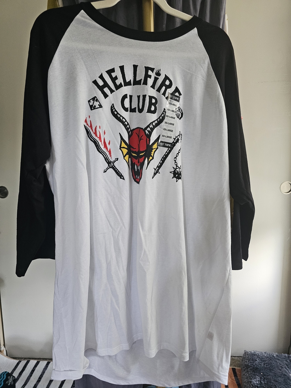 Hot Topic Black & White "Hellfire Club" Long Sleeve Raglan Tee - Picture 2 of 5